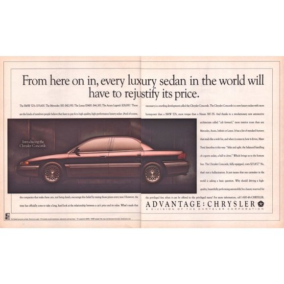 1993 Chrysler Concorde Luxury Sedan 2 Page Vintage Print Ad Wall Art Decor - Picture 1 of 3